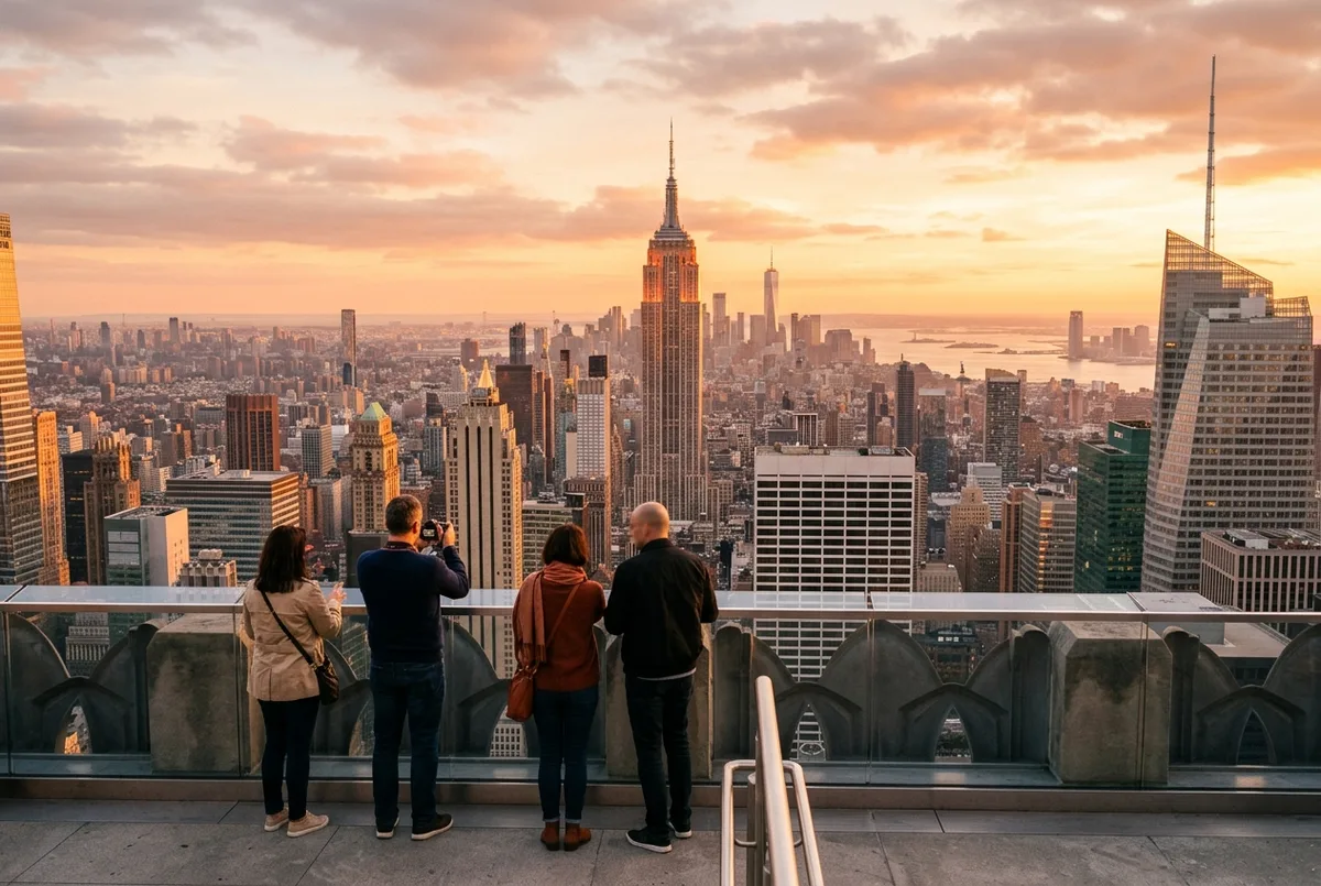 lumière dorée du coucher de soleil sur la skyline de Manhattan vue depuis l'observatoire top of the rock, petit groupe de visiteurs au garde-corps