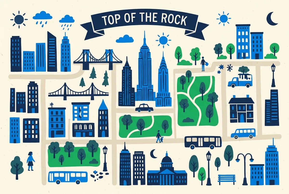 illustrated map of New York highlights for Durée de visite de Top of the Rock : combien de temps prévoir, durée visite top of the rock