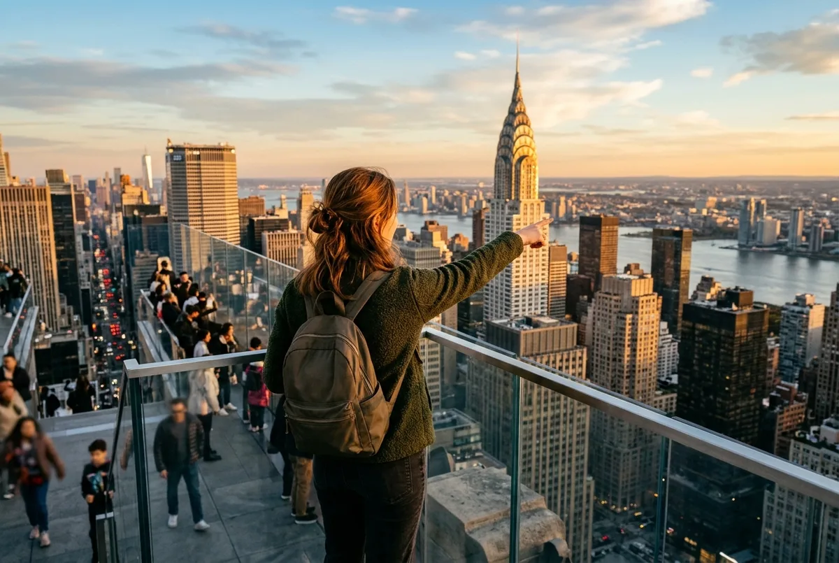 traveler on an open air manhattan observation deck pointing out the chrysler building's art deco spire at golden hour next to the empire state building