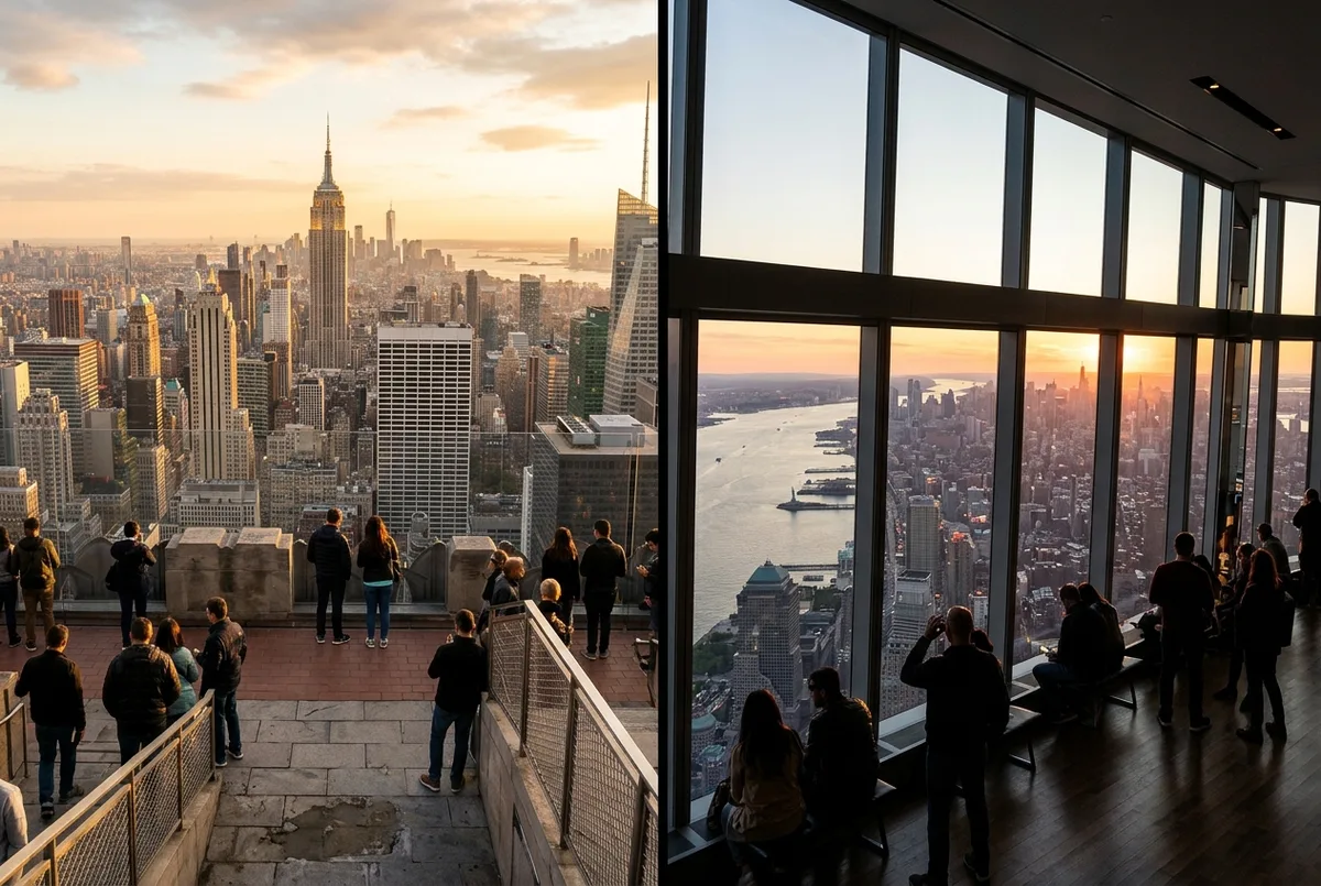 split frame comparing two manhattan skyscraper observation decks, one midtown open air terrace and one glass enclosed downtown deck at golden hour