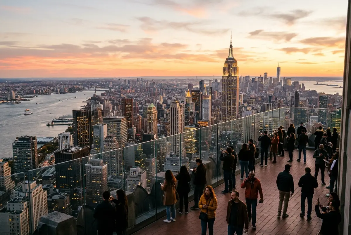 Biglietti Top of the Rock per la terrazza panoramica al tramonto, con lo skyline di Manhattan sullo sfondo