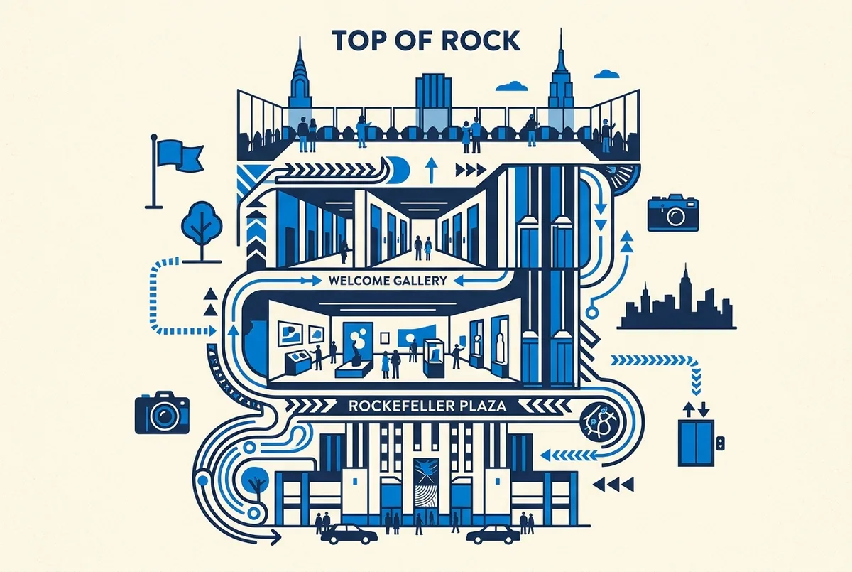 Mappa del percorso dall'ingresso di Top of the Rock al 30 Rockefeller Plaza, attraverso la Welcome Gallery, fino ai piani panoramici