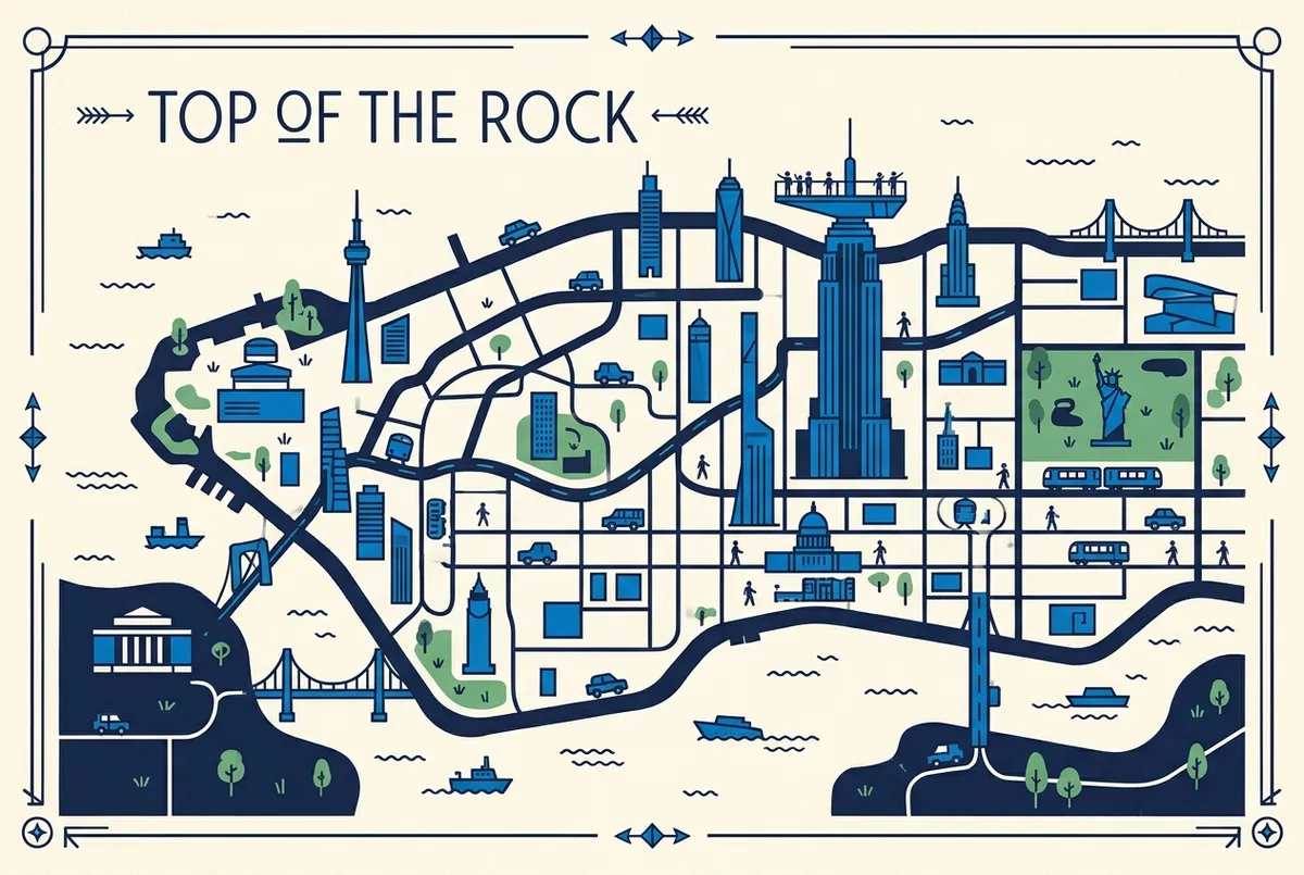 illustrated map of New York highlights for Comment se rendre à Top of the Rock : adresse et accès, adresse top of the rock