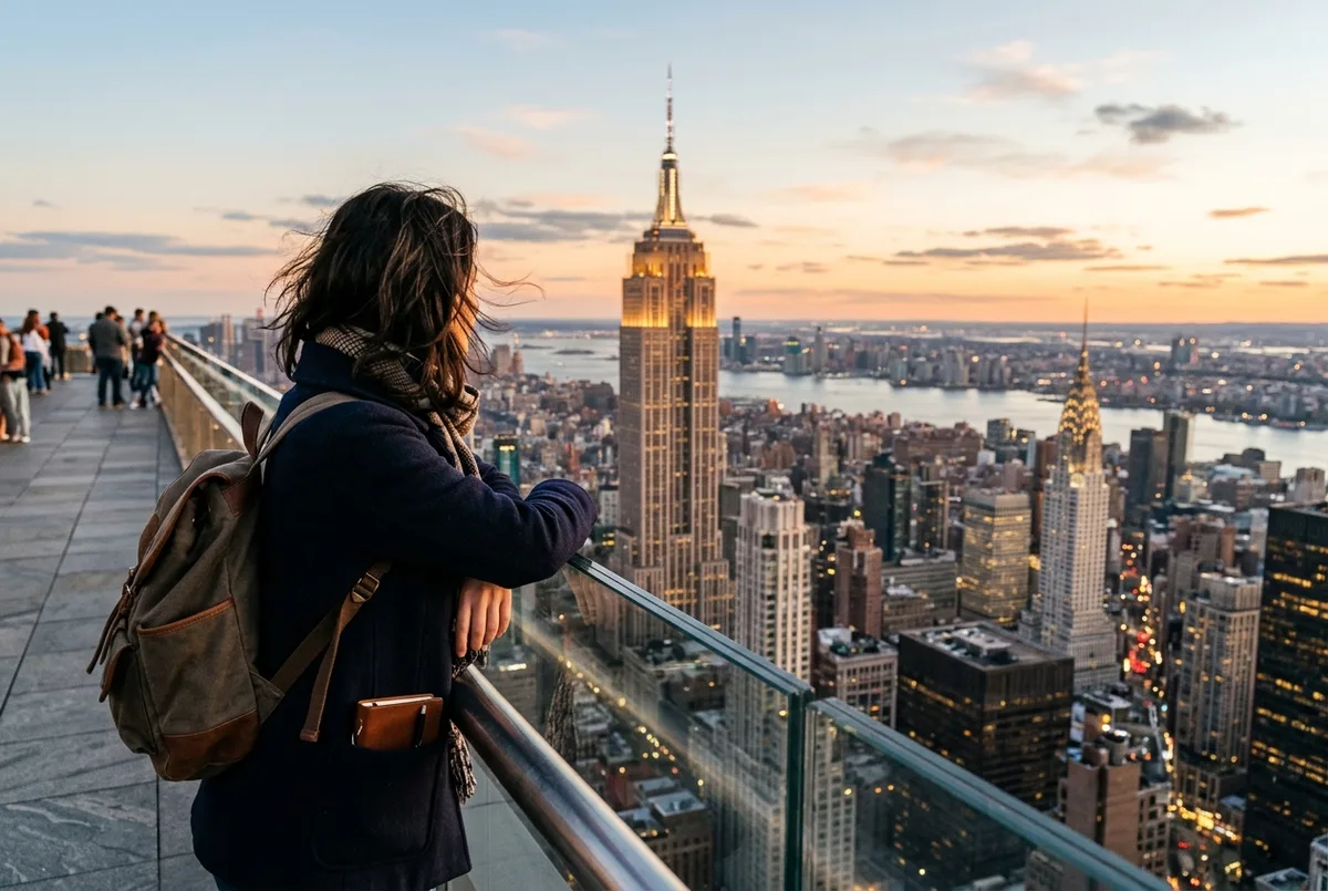 a traveler leaning on the open air railing at the top of the rock observation deck at golden hour, manhattan skyline and empire state building in view, thoughtful relaxed mood