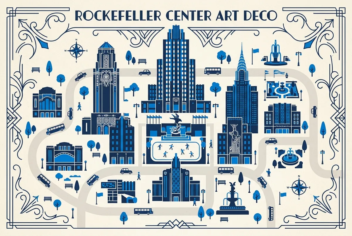 illustrated map of New York highlights for Rockefeller Center History and Art Deco Architecture, rockefeller center history