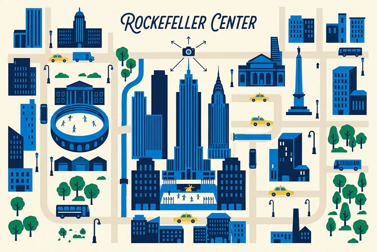illustrated map of New York highlights for Rockefeller Center One Day Itinerary with Top of the Rock, rockefeller center itinerary
