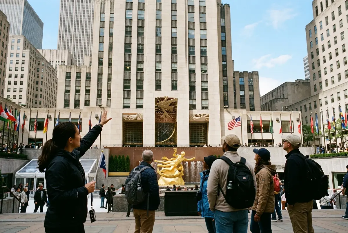 Guida turistica che racconta la storia Art Deco del tour rockefeller center a un piccolo gruppo davanti alla statua di Prometeo