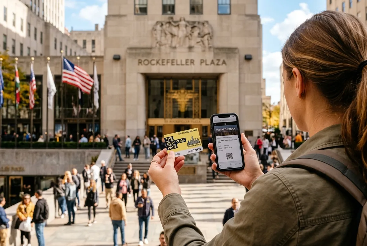 traveler holding a nyc sightseeing pass card next to a phone showing a top of the rock reservation screen, rockefeller plaza entrance behind, daytime