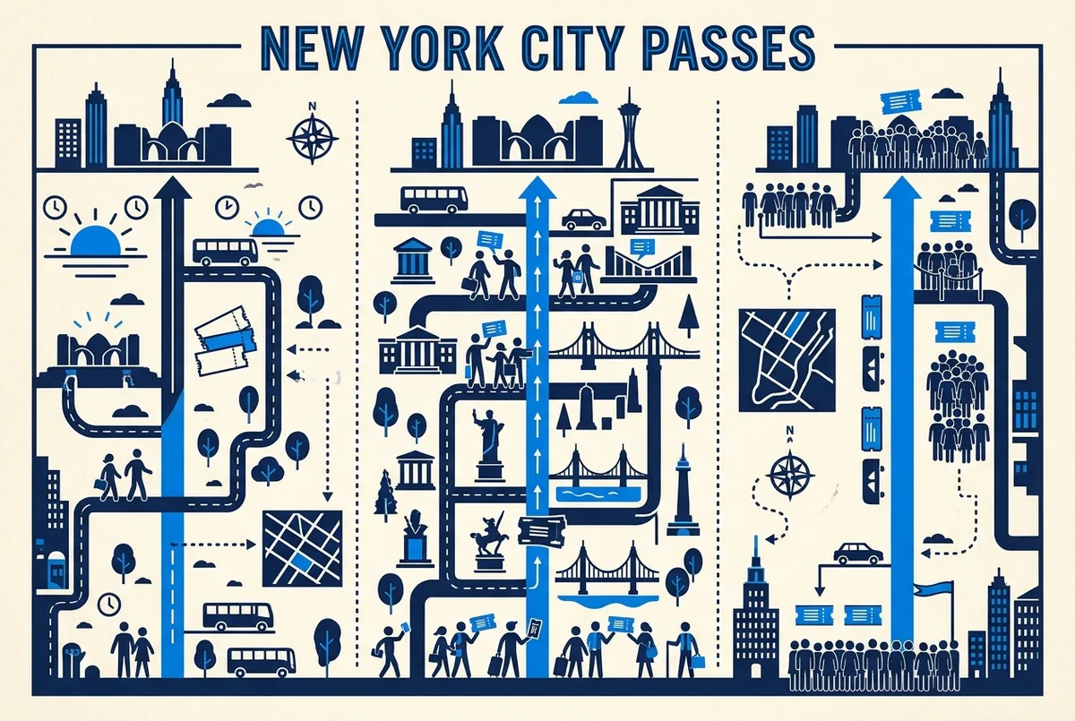 Side by side comparison infographic of top of the rock discount routes labeled off-peak slot, sightseeing pass and standard price