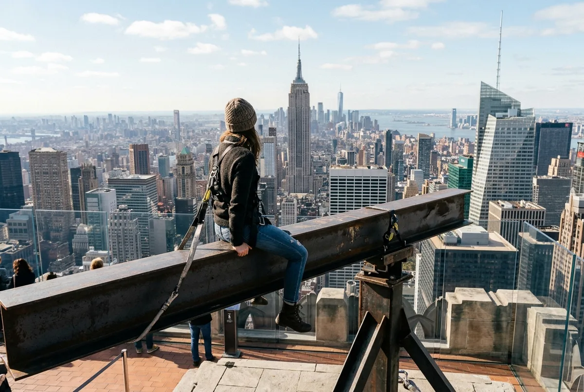 visiteur assis sur un bras photo rotatif en acier à l'observatoire top of the rock, recréant une photo classique de gratte-ciel des années 1930, en journée