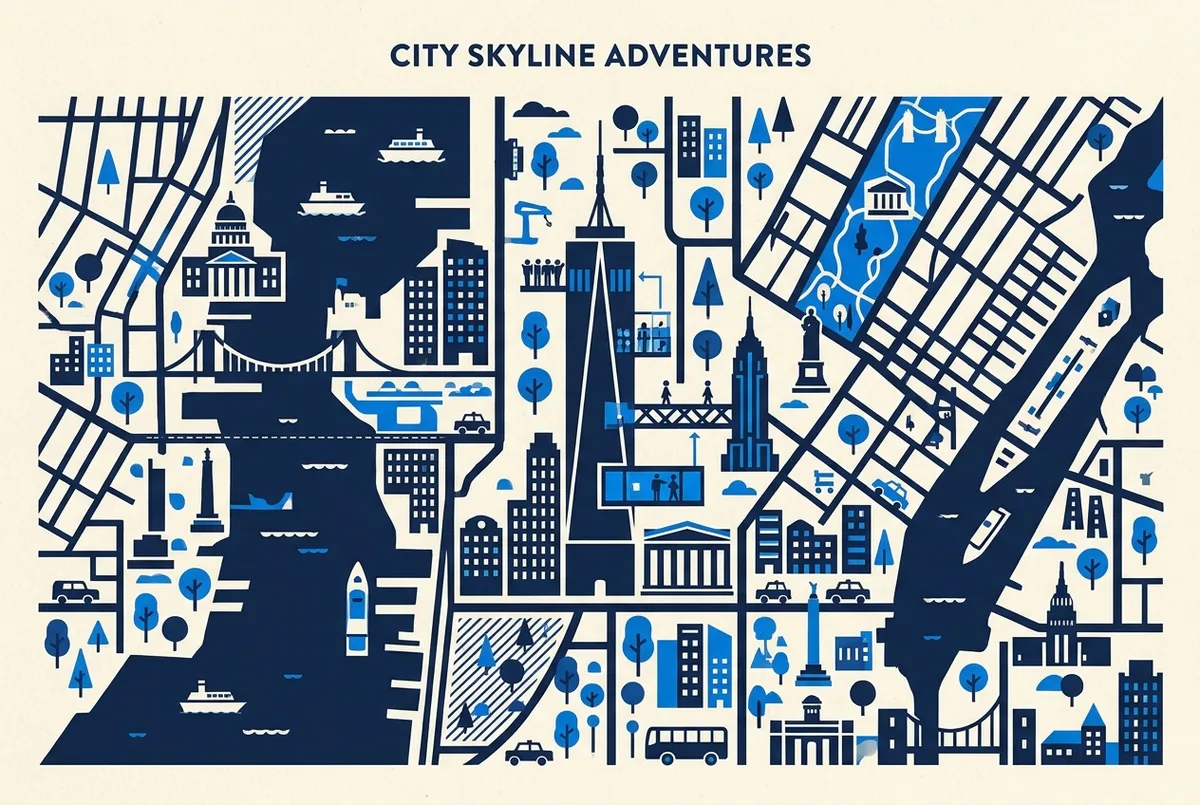 illustrated map of New York highlights for Top of the Rock Beam et SkyLift : les étages expliqués, top of the rock beam
