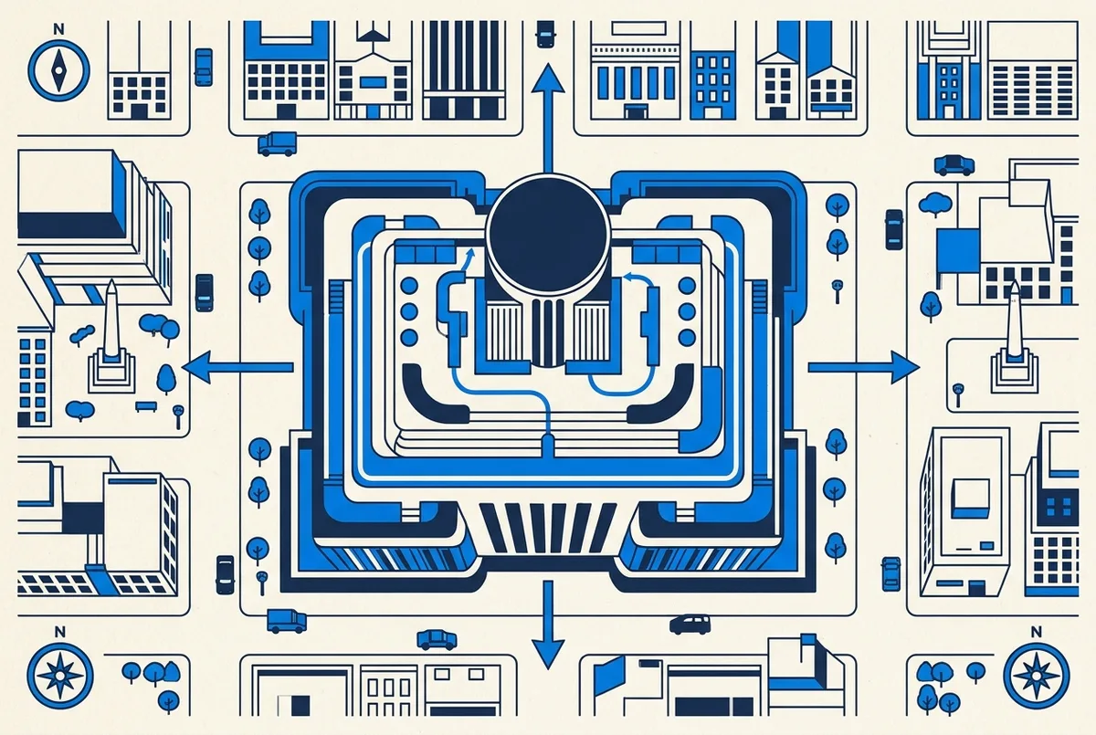 Overhead map style graphic showing the top of the rock observation deck floors with arrows pointing toward the best photo facing directions, generic compass icons, no text statistics