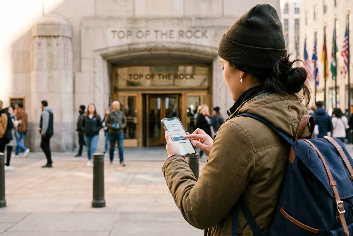 voyageur qui choisit un créneau horaire sur l'écran de réservation d'un téléphone pour Top of the Rock, entrée du Rockefeller Plaza visible en douce lumière de jour
