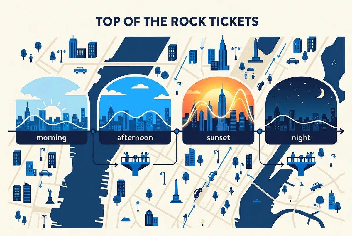 Infografía de línea de tiempo mostrando la demanda de las entradas de Top of the Rock en mañana, mediodía, atardecer y noche, con etiquetas genéricas