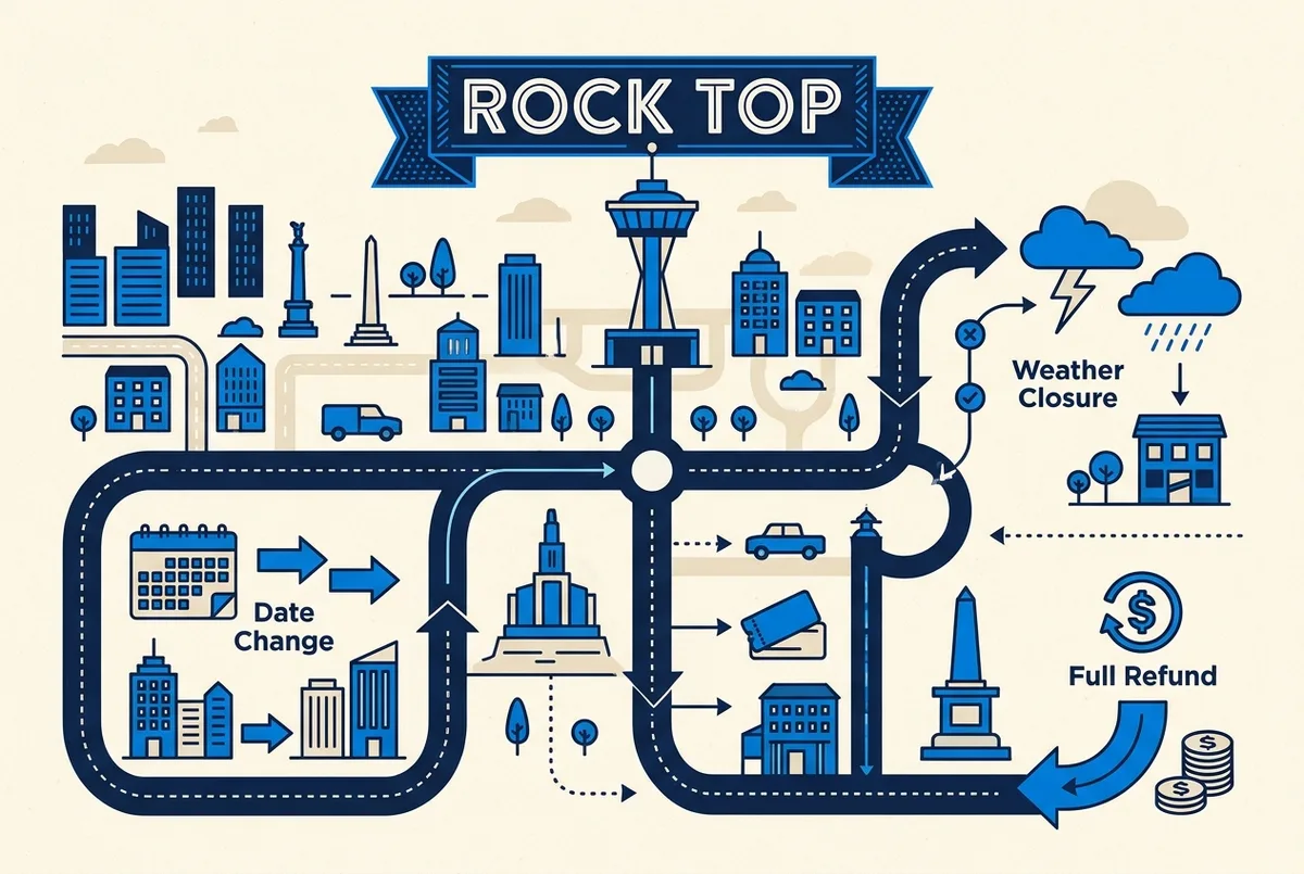 Infografía de flujo de decisión con las etiquetas Cambio de Fecha, Cierre por Clima y Reembolso Completo, mostrando los caminos que puede seguir un viajero con su entrada a Top of the Rock