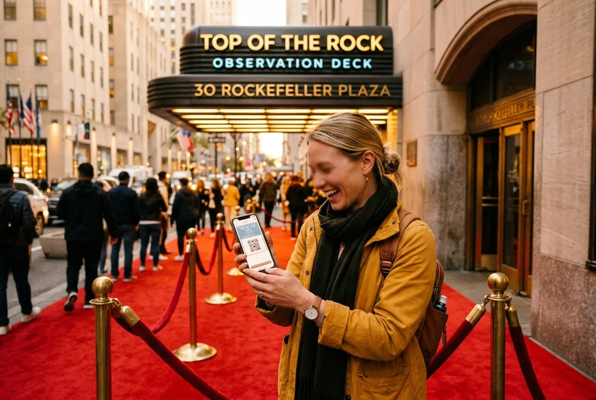 viajera sosteniendo una entrada digital en el móvil frente a la alfombra roja de entrada a Top of the Rock en el 30 Rockefeller Plaza, luz dorada, ambiente animado