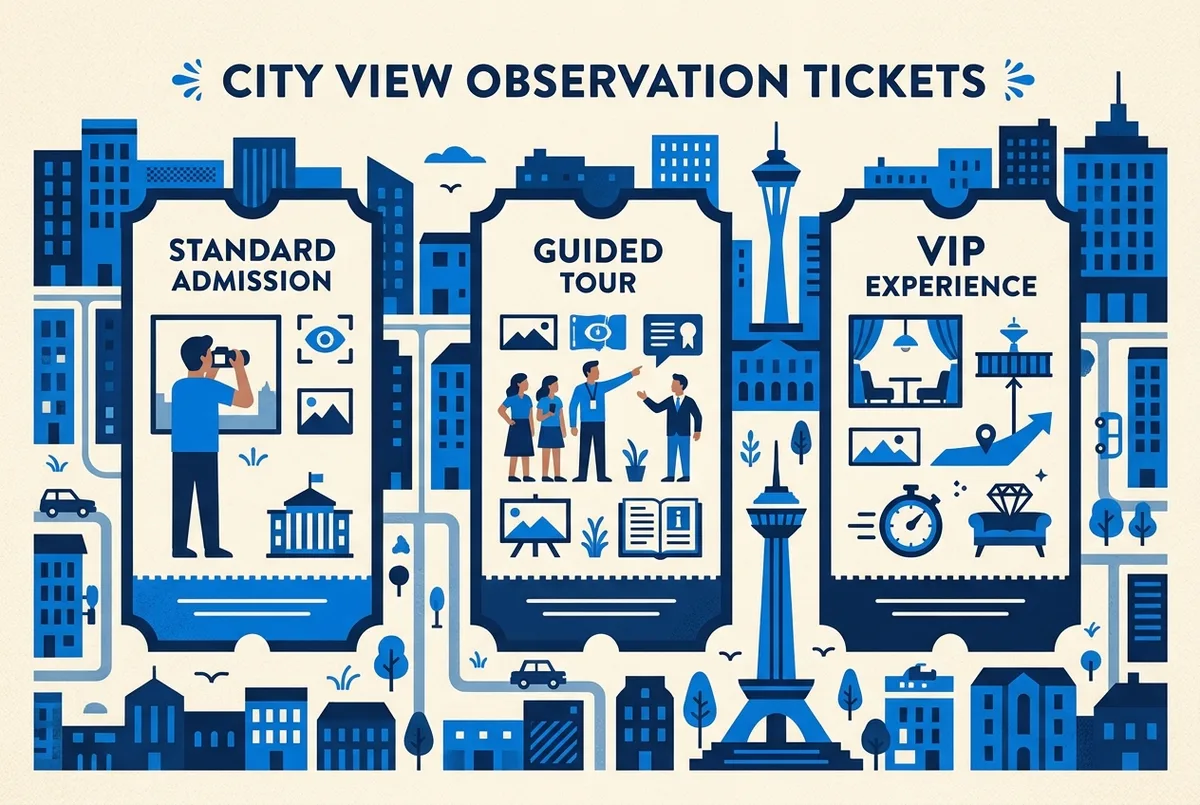 Infografica che confronta tre fasce di biglietti top of the rock: ingresso standard, tour guidato e pass VIP, con icone per terrazza panoramica, guida e champagne