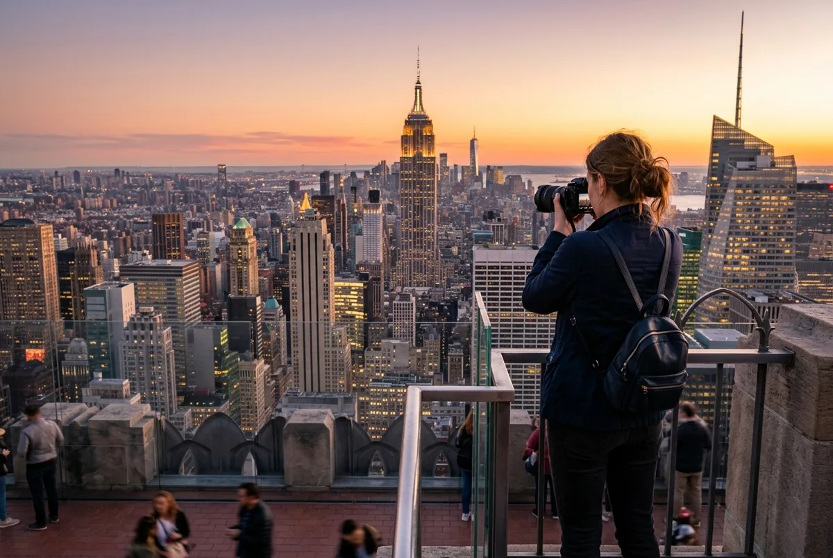 Blick von der Top of the Rock Aussichtsplattform auf das beleuchtete Empire State Building in der Abenddämmerung, zur Veranschaulichung des Vergleichs Top of the Rock oder Empire State Building