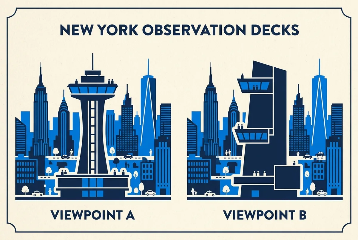 Seite an Seite Infografik mit zwei generischen Wolkenkratzer Silhouetten, beschriftet Top of the Rock und Empire State Building, zum Vergleich von Lage und Ebenen, ohne Preisangaben