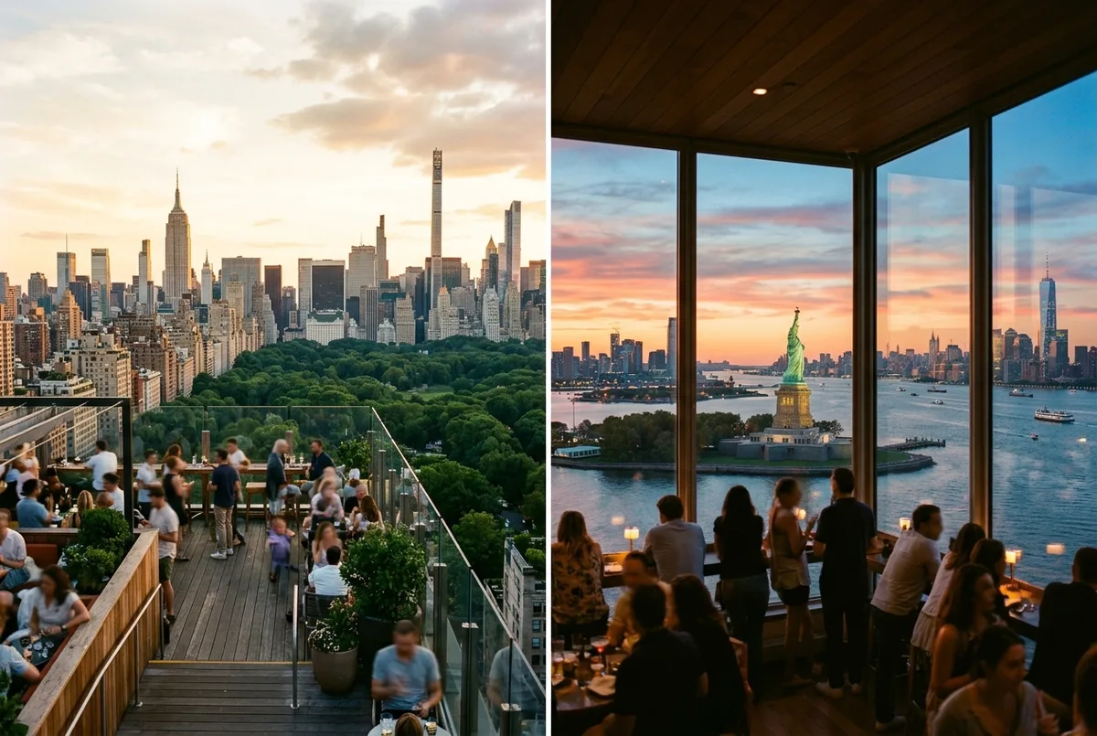 split frame comparing a midtown rooftop open air deck view of central park with a downtown enclosed deck view of the statue of liberty and harbor at sunset